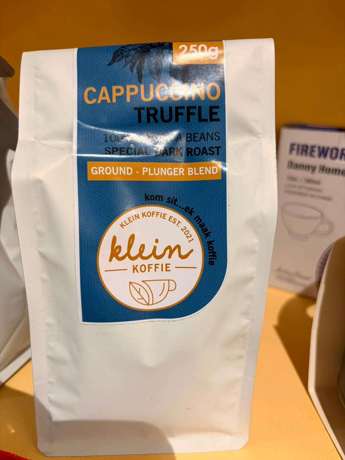 A 250g bag of Klein Koffie Cappuccino Truffle ground plunger blend coffee