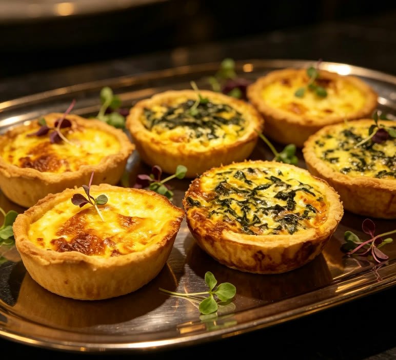 Cheese and spinach quiches on a tray